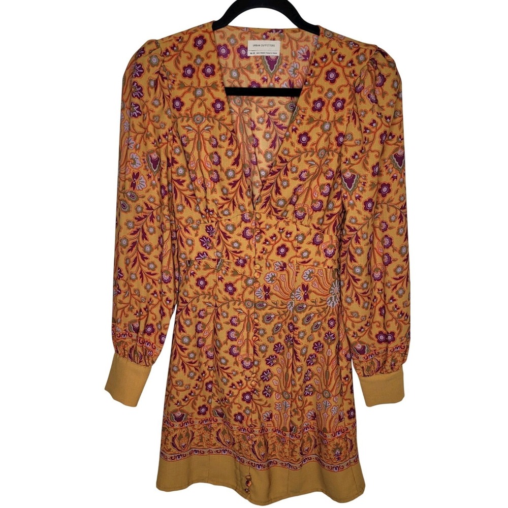 Urban Outfitters UO Michelle Plunging Orange Floral Mini Dress Sz XS Boho‎ Chic